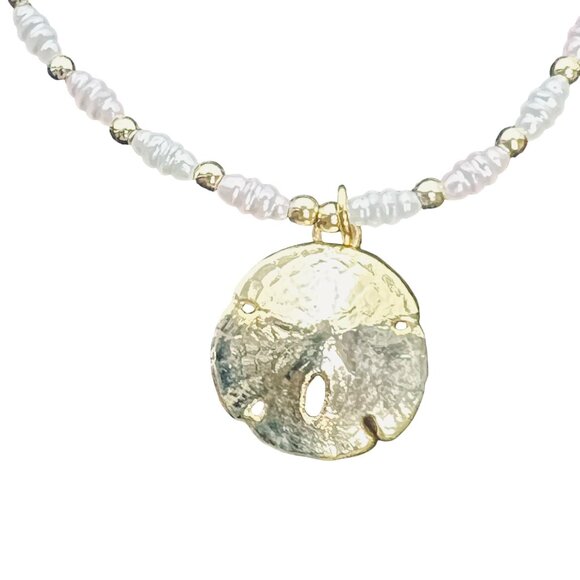 Vintage Gold Tone & Faux Pearl Ankle Bracelet With Sand Dollar Charm (5653) - Picture 2 of 9